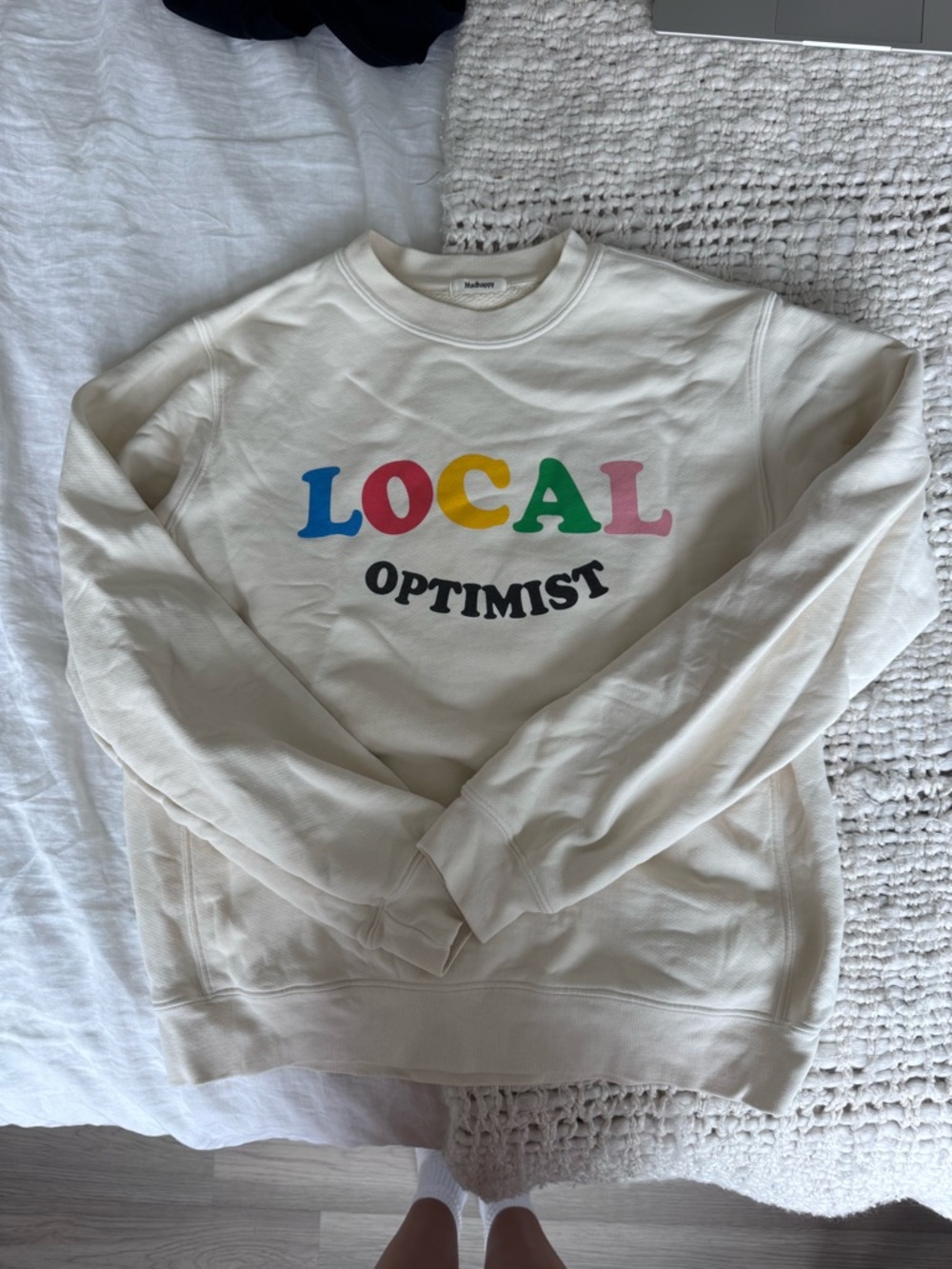 Madhappy Cream "LOCAL" Optimist Crewneck Sweater with Multicolor Lettering
